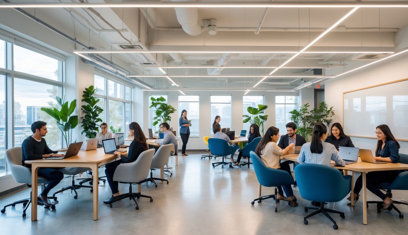 A modern coworking space with people working individually and in groups at desks and tables, surrounded by plants and large windows.
