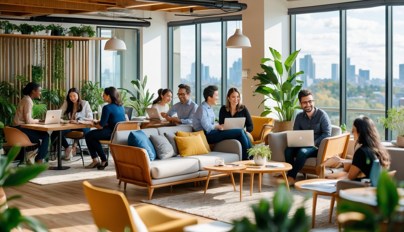 A modern coworking space with diverse people working and collaborating in a bright room filled with plants and natural light.
