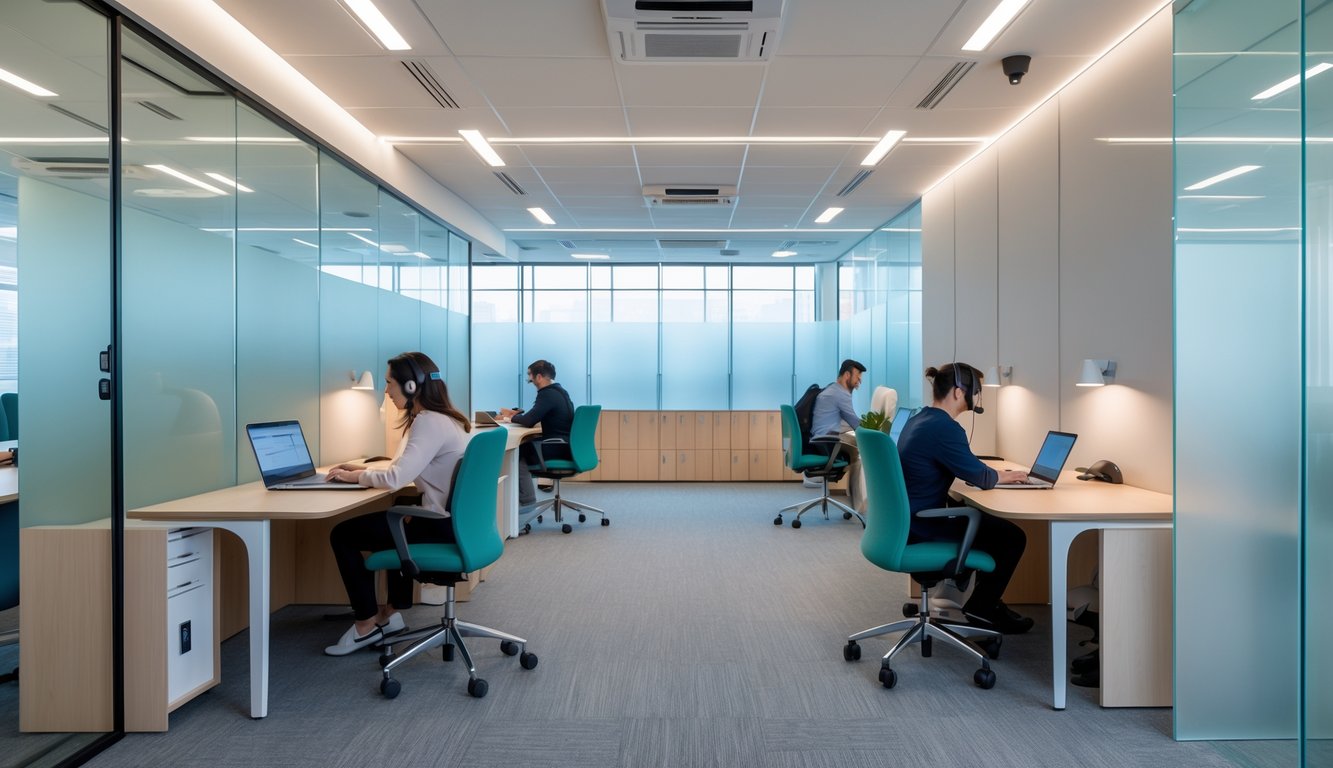 A modern coworking space with people working at desks separated by glass partitions and acoustic panels, featuring secure lockers and subtle security cameras.