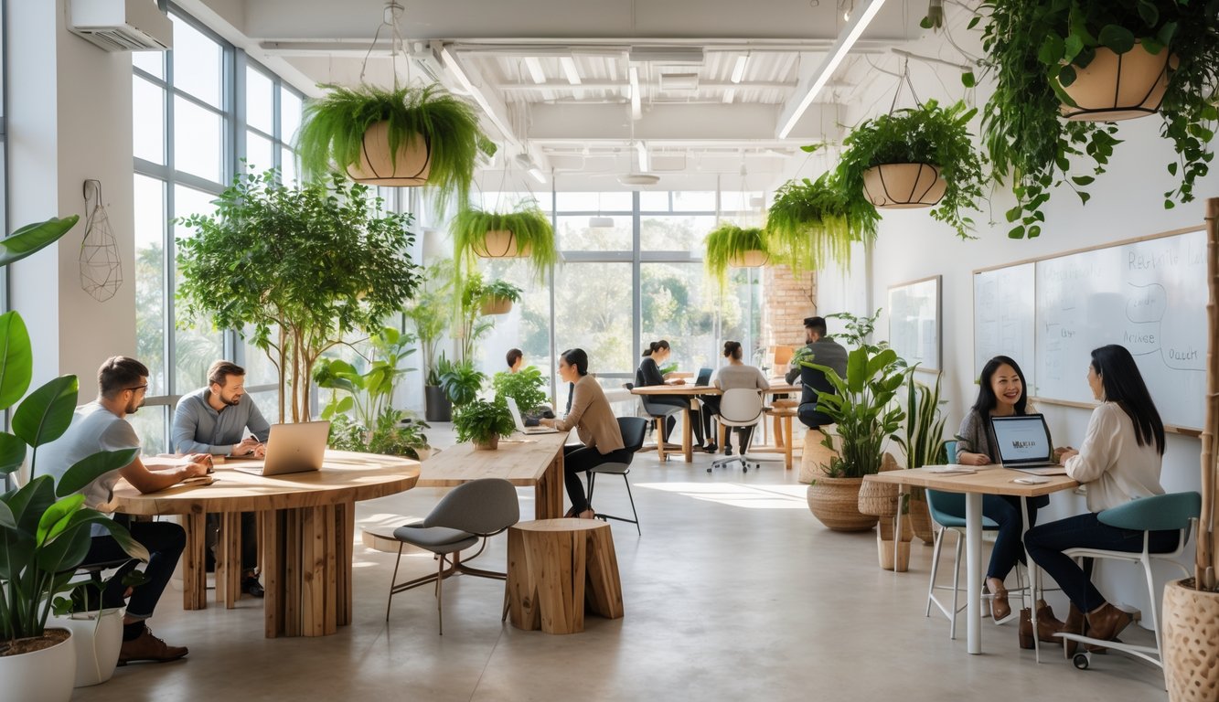 A bright coworking space with large windows, green plants, natural materials, and people working together.
