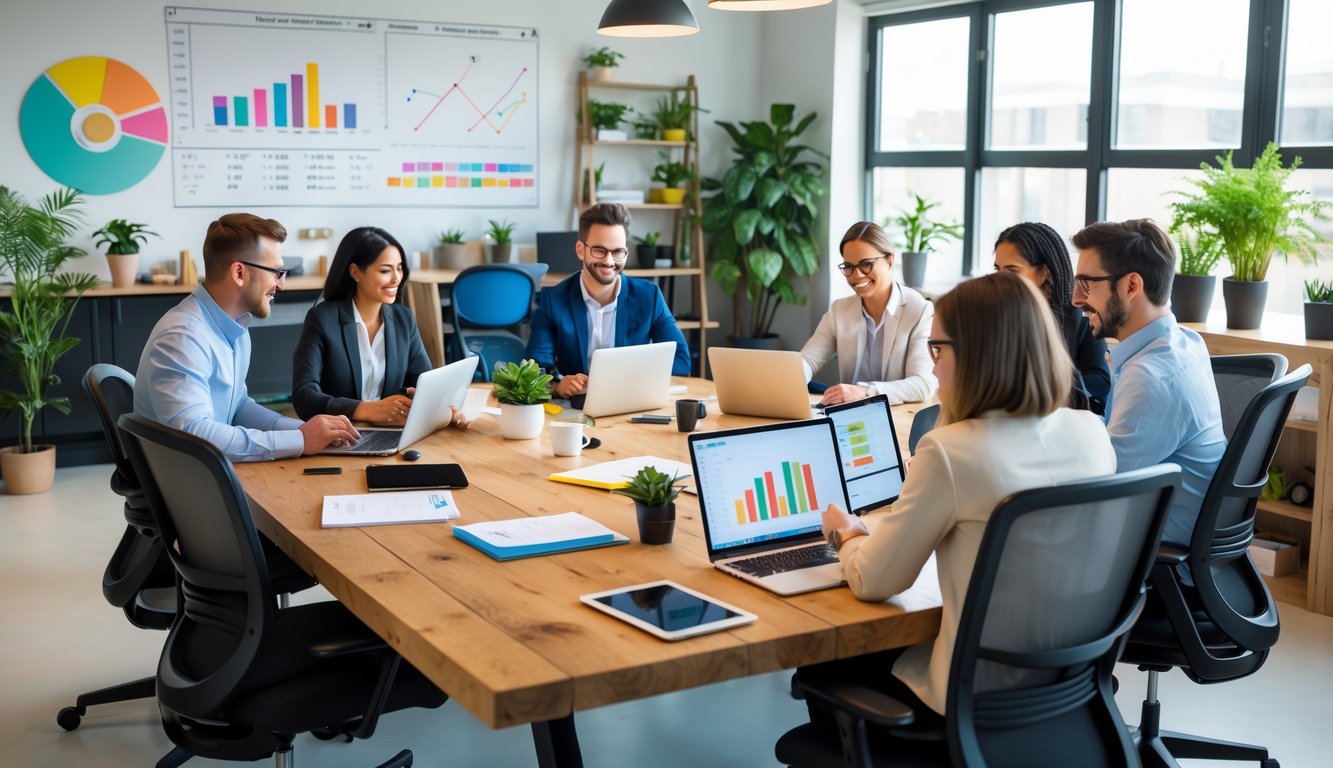 People working together around a table in a bright coworking space with laptops, notebooks, and charts visible.