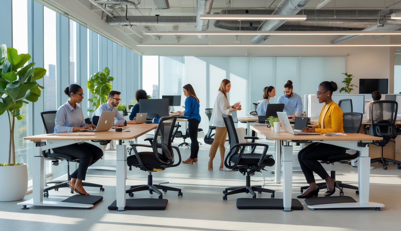 People working comfortably at ergonomic desks and chairs in a bright, modern coworking space with natural light and plants.