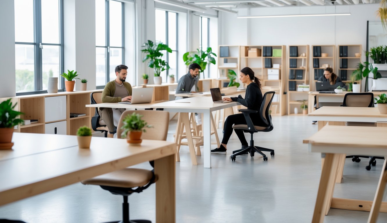 A modern coworking space with wooden desks, ergonomic chairs, potted plants, shelves, and people working on laptops.