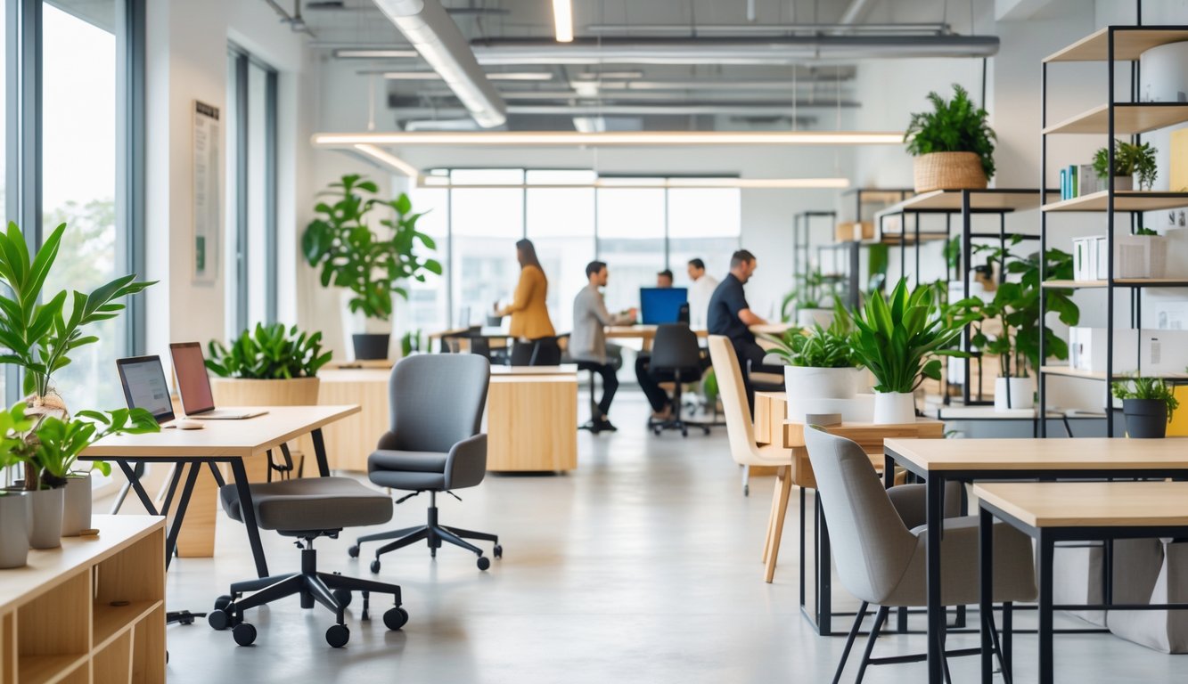 A modern coworking space with simple desks, ergonomic chairs, shelves with plants, and people working in a bright room.