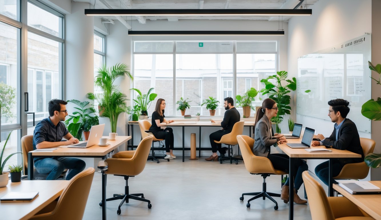 A small coworking space with desks, laptops, plants, and people working together in a bright room.
