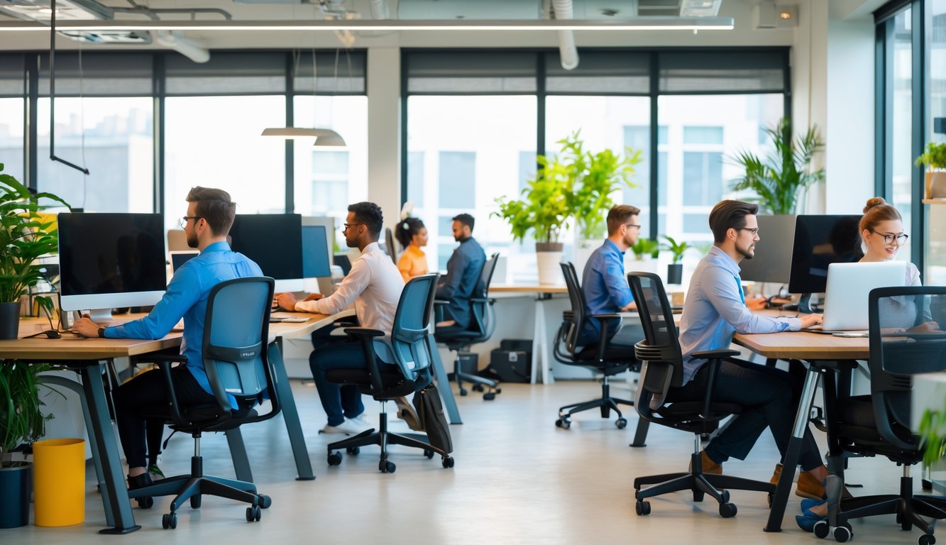 A shared coworking space with people working at desks, some showing poor posture and others using ergonomic setups with adjustable chairs and monitors.