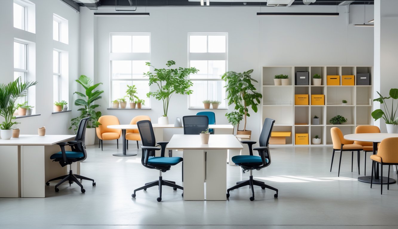A well-lit coworking space with desks, ergonomic chairs, shelving units, small tables, and plants arranged for a comfortable and productive work environment.