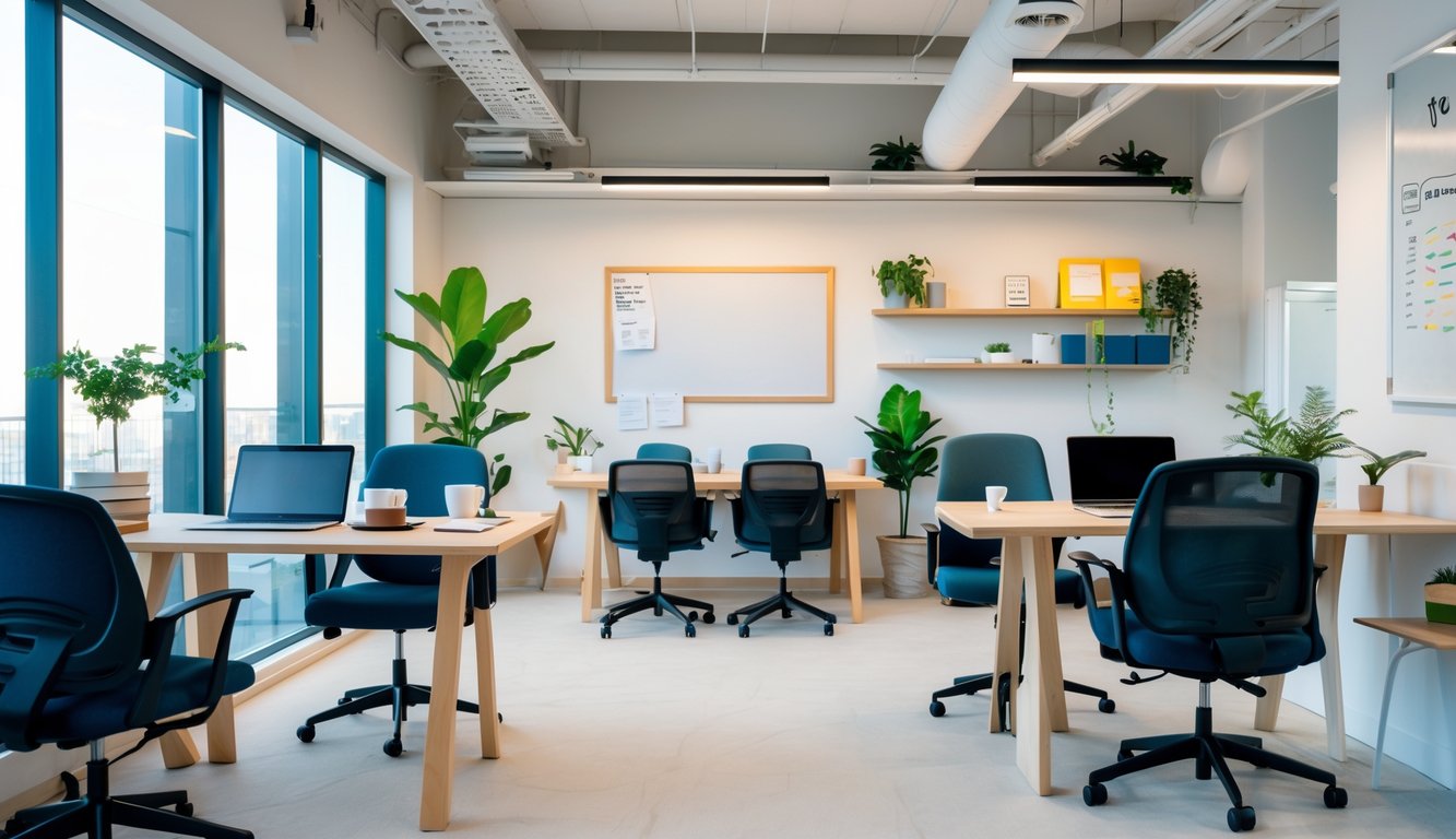 A small coworking space with desks, laptops, chairs, plants, and a meeting area, filled with natural light.