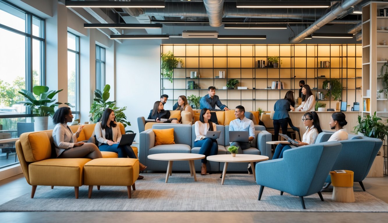 A bright coworking space with comfortable seating and people collaborating around tables near large windows.