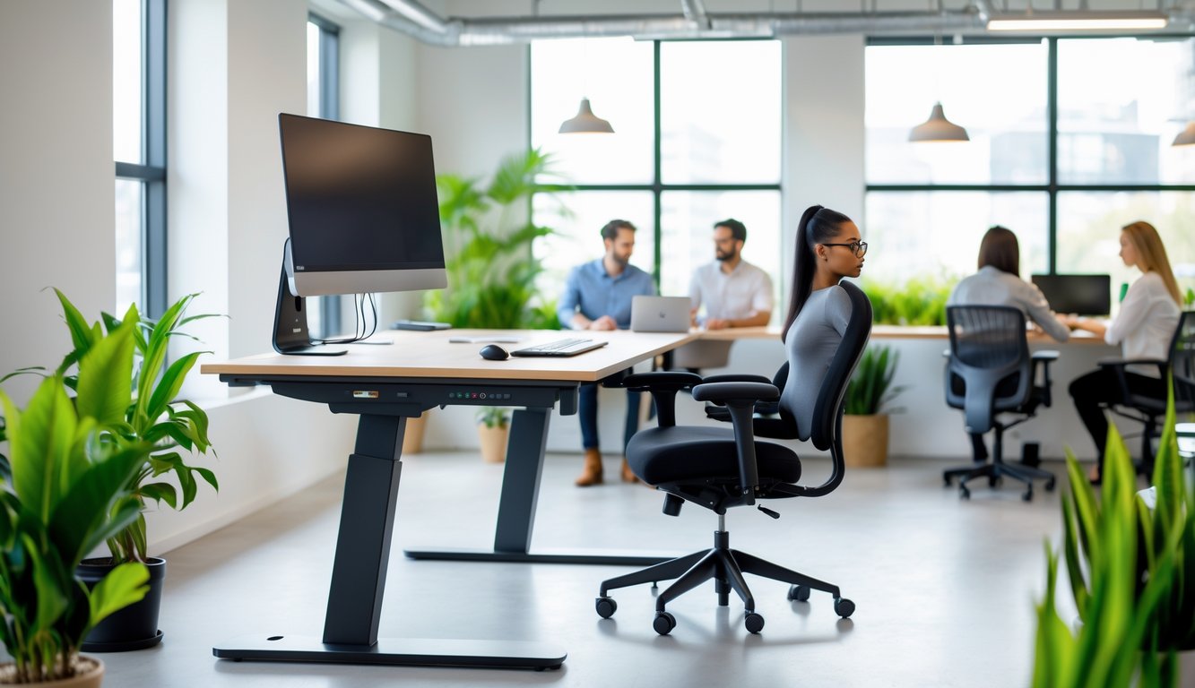 A modern coworking space with an ergonomic desk setup, adjustable chair, computer monitor, and people working comfortably in the background.