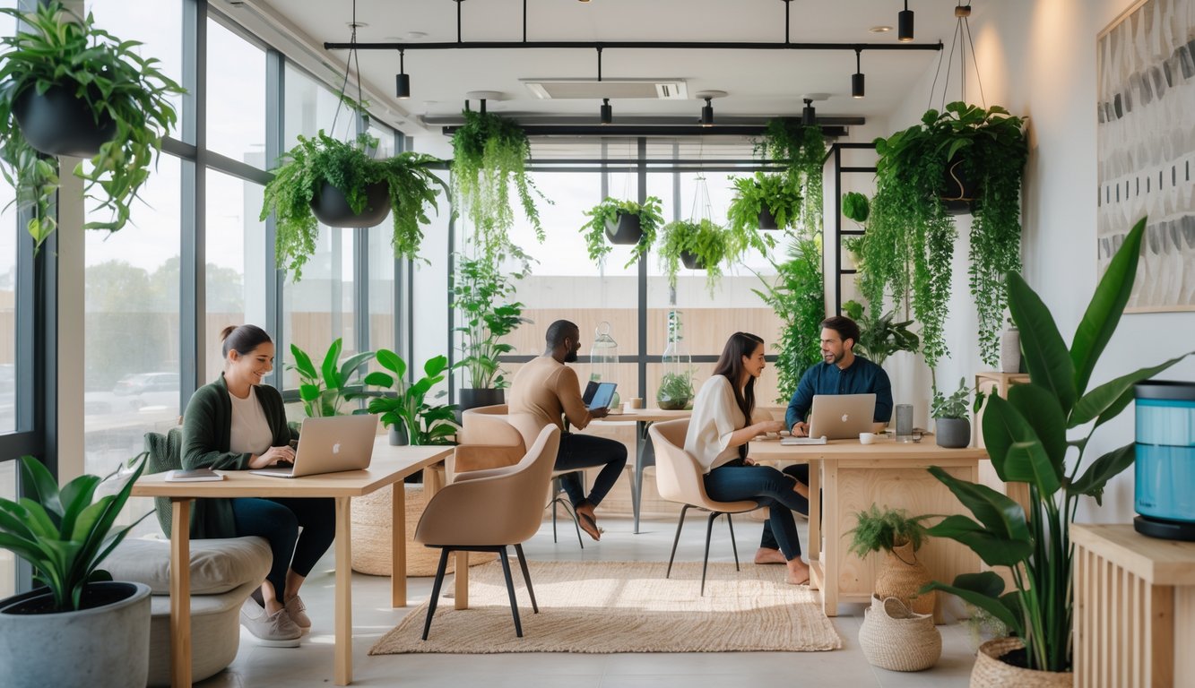 A small coworking space with natural light, green plants, wooden desks, and people working together in a calm and comfortable environment.