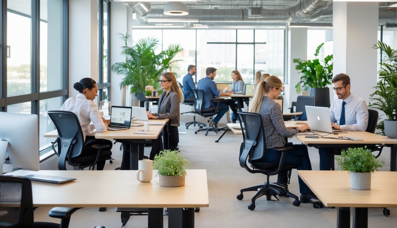 A modern coworking space with diverse professionals working comfortably at ergonomic desks and chairs, some collaborating and others focused on their laptops.