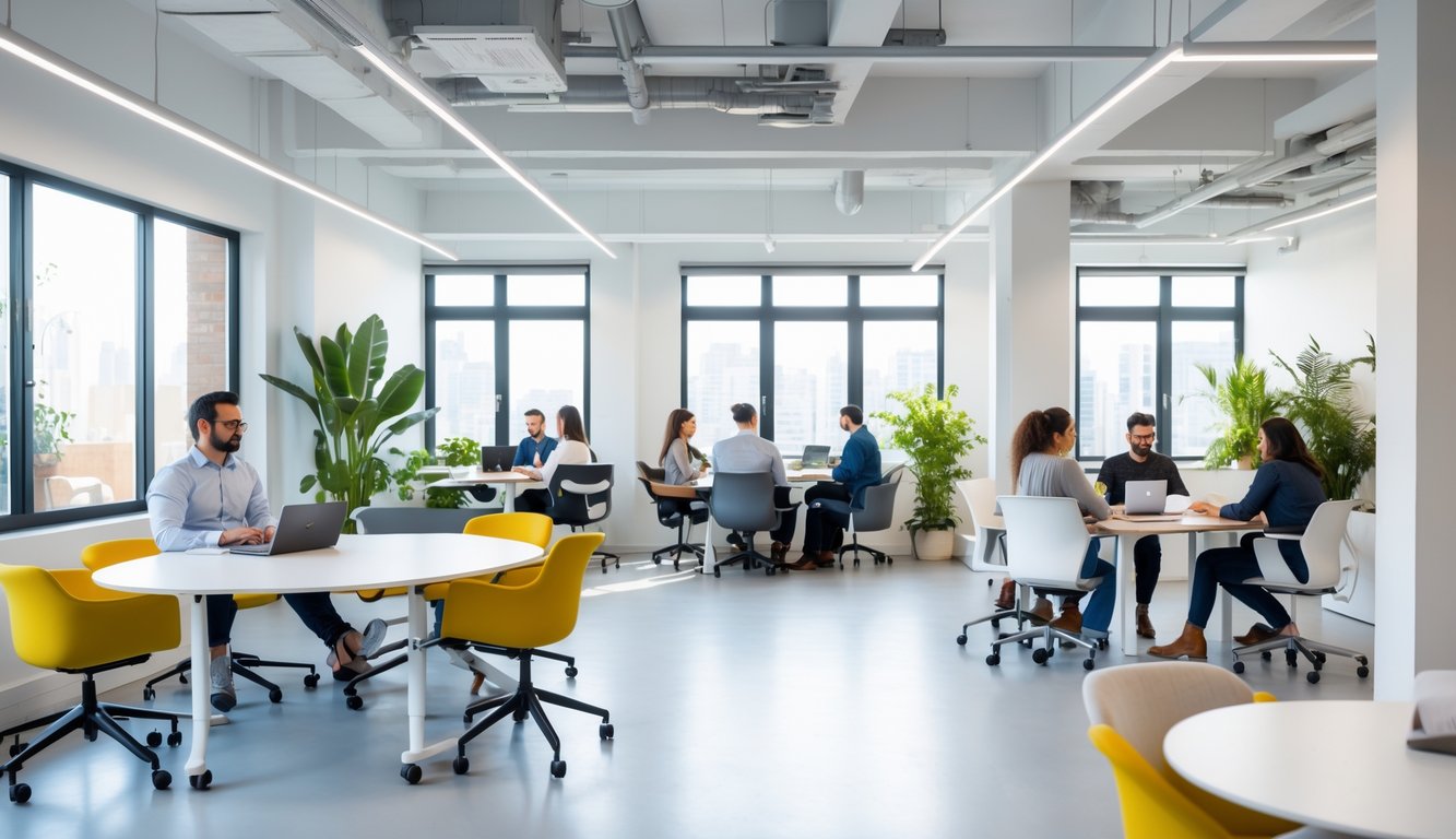 A bright coworking space with flexible desks, ergonomic chairs, plants, and people working individually and in groups.