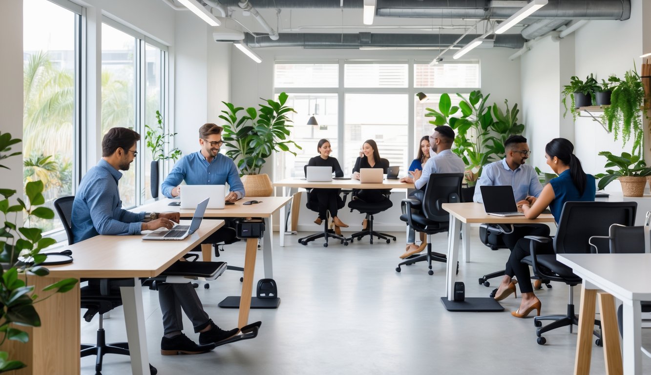 A modern coworking space with people working comfortably at ergonomic desks and chairs, surrounded by plants and natural light.
