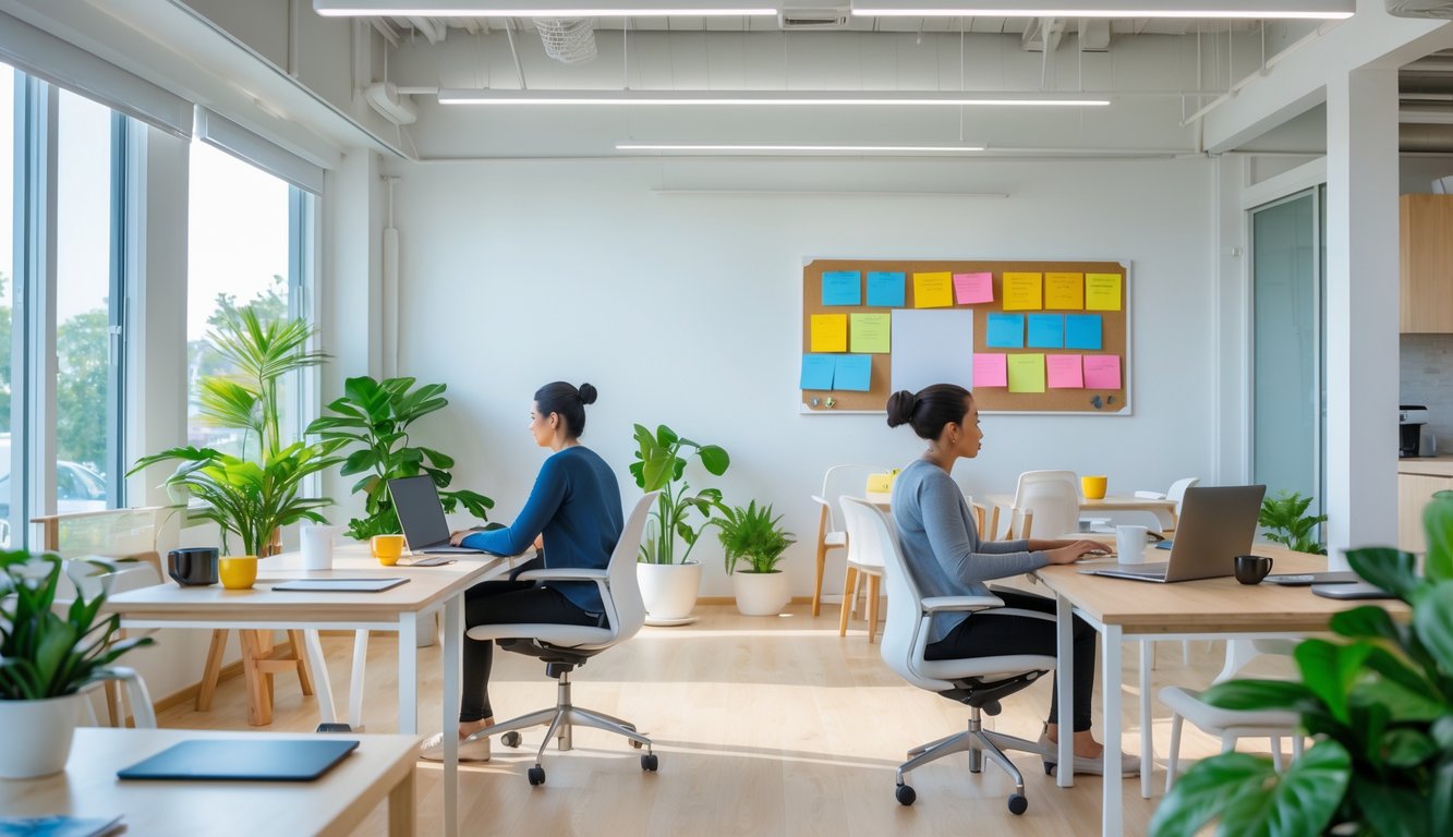 A small coworking space with desks, laptops, plants, and people working together in a bright, organized room.