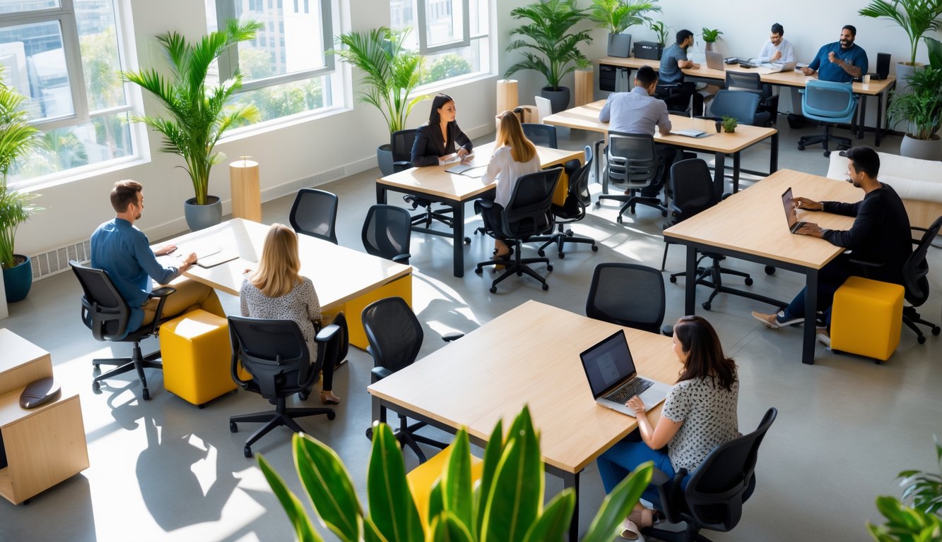 A modern coworking space with people working at desks surrounded by plants and affordable furniture.