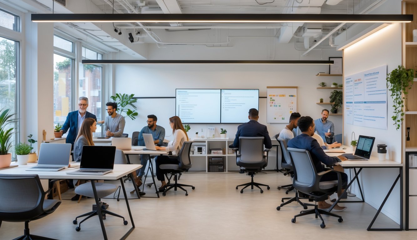 A small coworking space with people working at desks equipped with laptops and monitors, surrounded by modern office furniture and plants.
