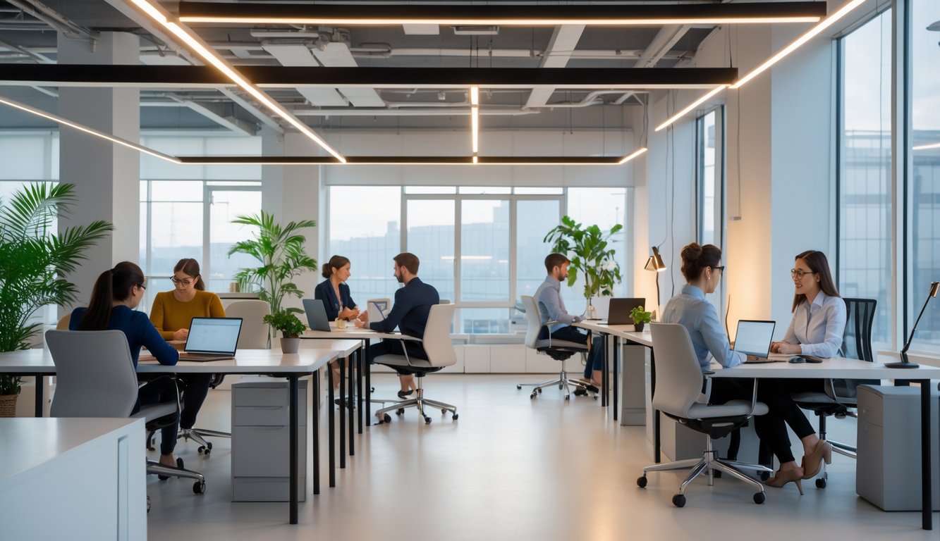 A modern coworking space with people working at desks under natural and artificial lighting, including large windows and desk lamps.