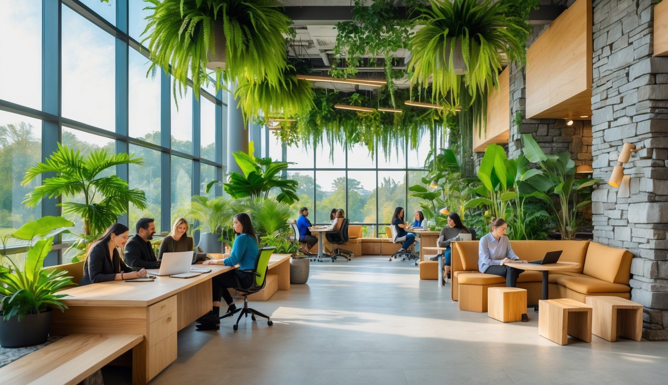 A coworking space filled with natural light, plants, and people working at desks surrounded by greenery.