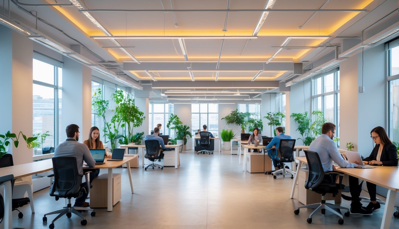 A bright coworking space with natural and artificial lighting, people working at desks and collaborating in groups.