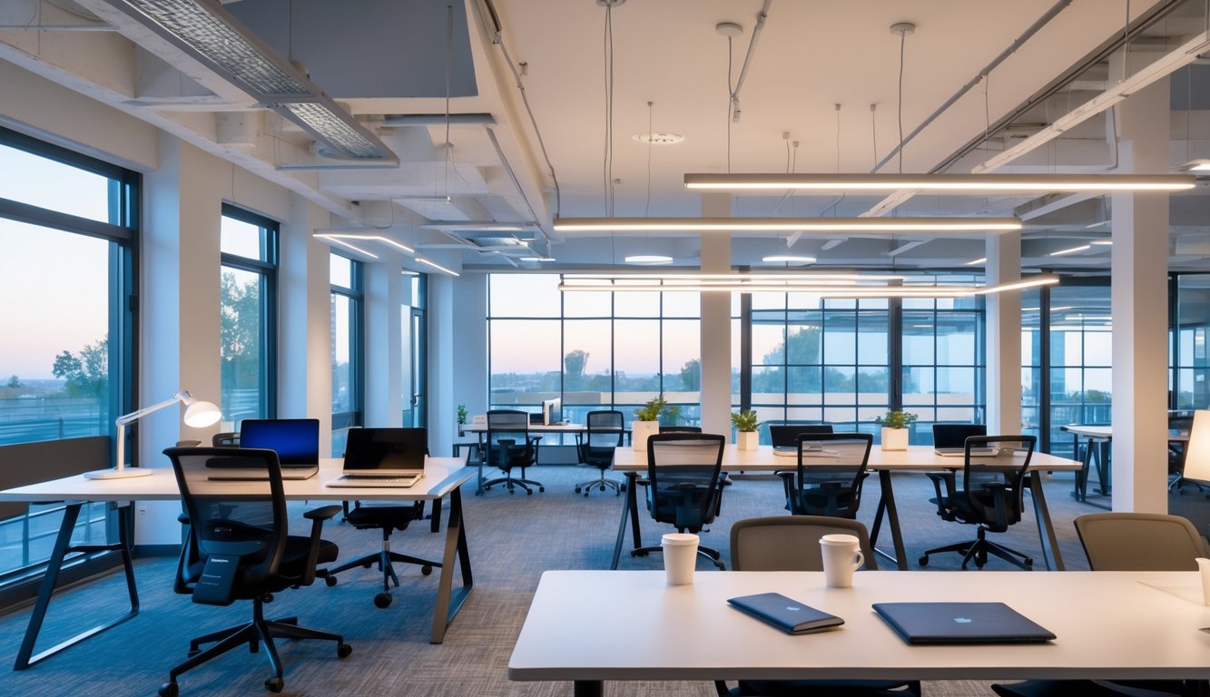 A modern coworking space with natural light from large windows, adjustable desk lamps, pendant lights, and recessed ceiling lights illuminating workstations with people working.