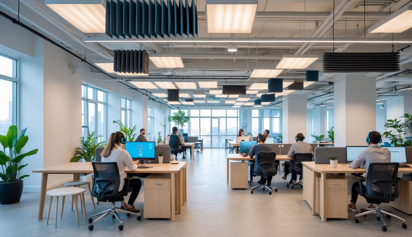 Open coworking space with people working at desks, acoustic panels on walls and ceiling, and natural light coming through large windows.