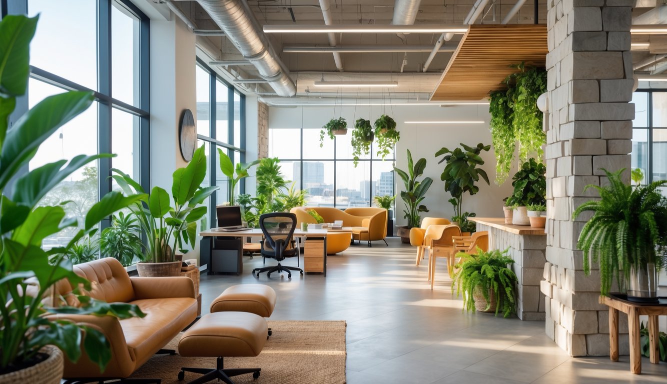 A modern coworking space with natural light, indoor plants, wooden furniture, and comfortable seating arranged to create a calm and productive environment.