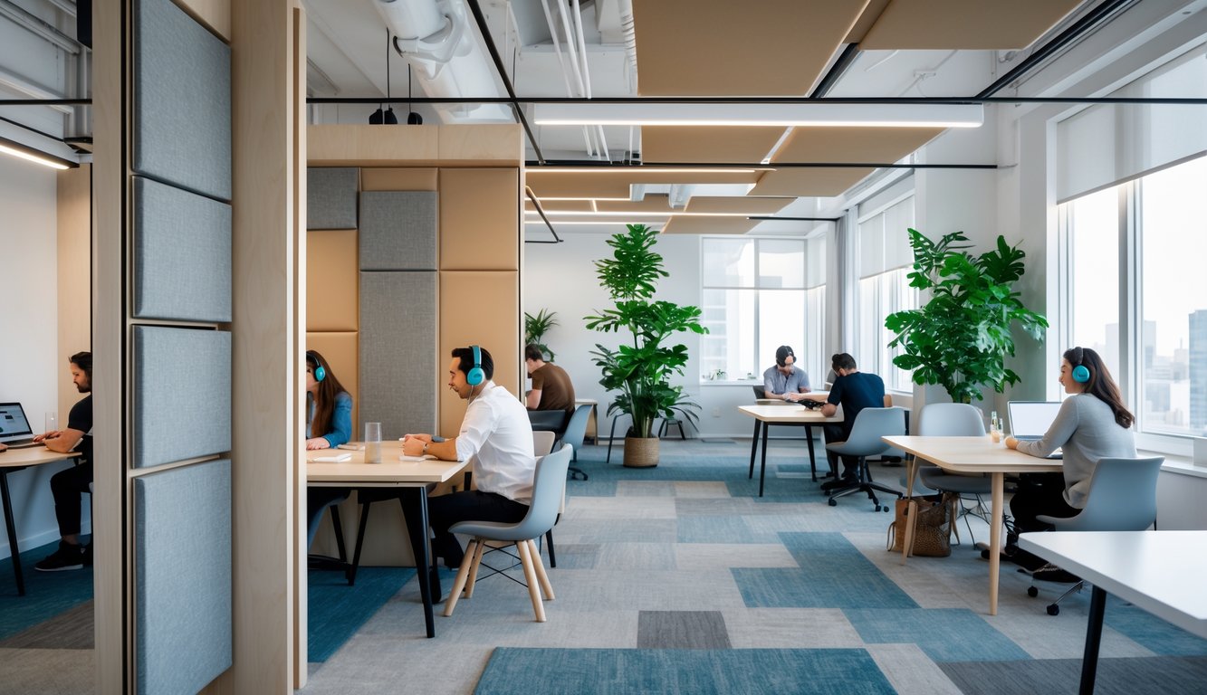 People working quietly in a modern coworking space with acoustic panels, plants, and fabric partitions to manage noise levels.