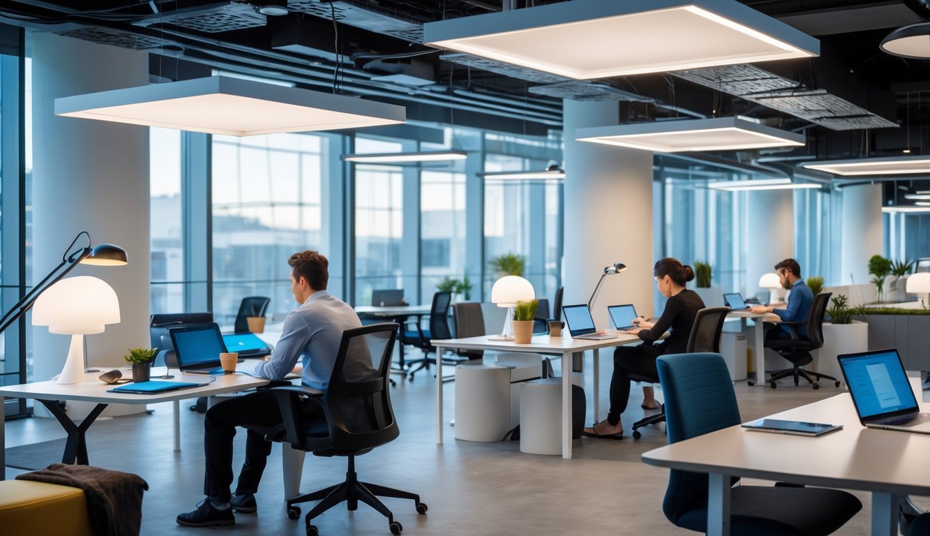 A bright coworking space with people working at desks under various artificial lighting fixtures and natural daylight.