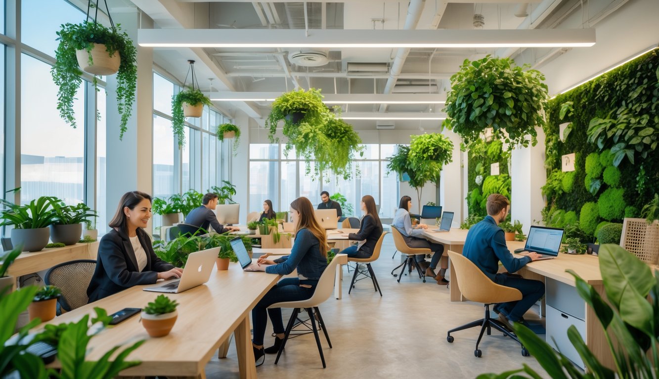 A bright coworking space with natural light, green plants, wooden furniture, and people working at desks.