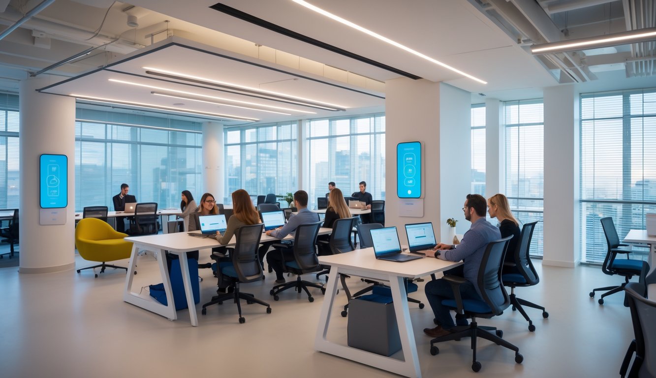 A modern coworking space with smart lighting controls, people working at desks, and adjustable LED lights creating a bright and productive environment.