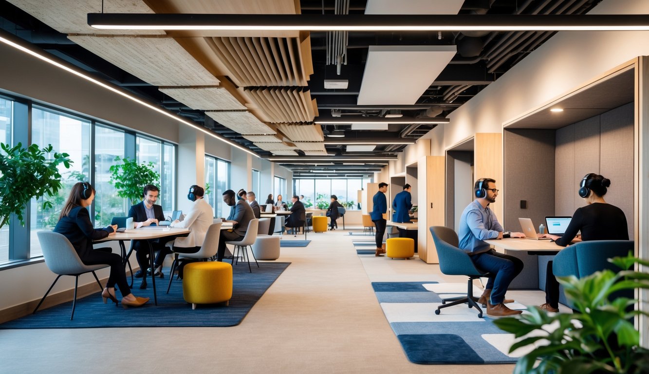 An open coworking space with people working quietly at desks and in small meeting pods, featuring acoustic panels and soft furnishings to manage noise.