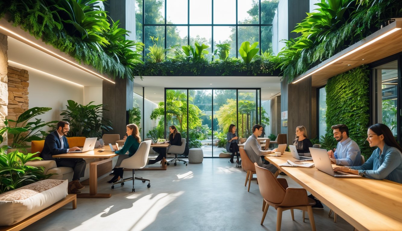 A modern coworking space with people working and collaborating surrounded by large plants and natural light from big windows.