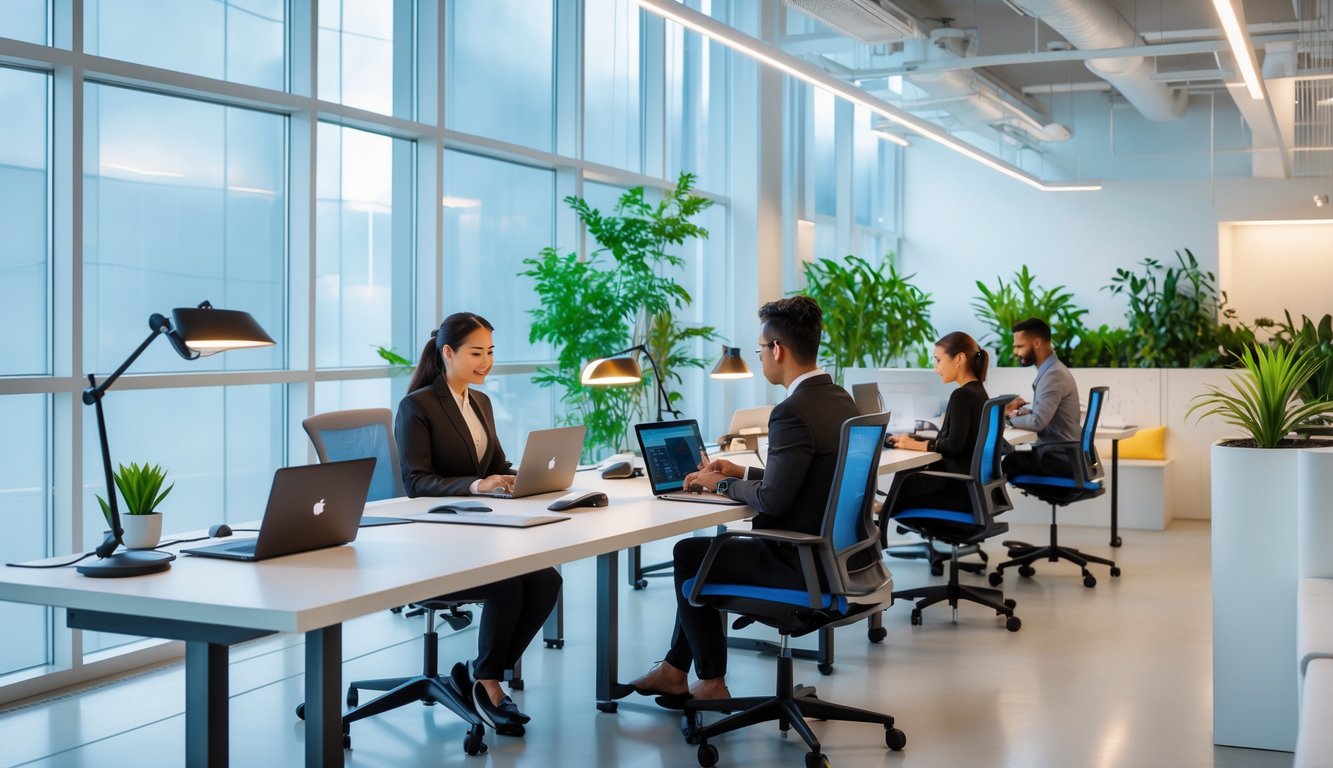 A modern coworking space with people working at desks under natural and artificial lighting, featuring plants and a bright, organized environment.