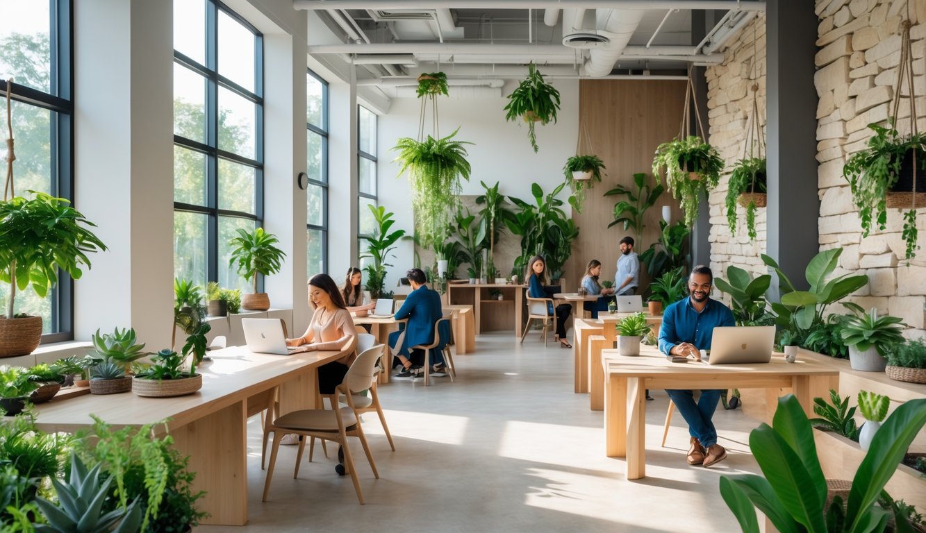 A modern coworking space with natural light, plants, wooden furniture, and people working together.