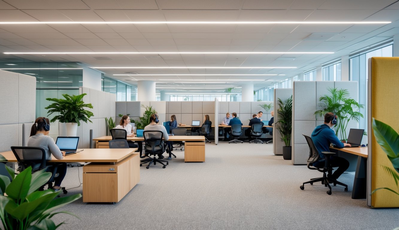 A modern coworking space with separate quiet and collaborative zones, people working individually and in groups, surrounded by acoustic panels and plants.