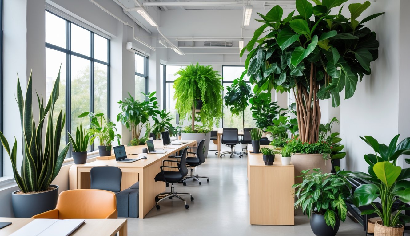 A modern coworking space with desks and laptops surrounded by various green plants including snake plants, succulents, pothos vines, and a fiddle leaf fig tree.