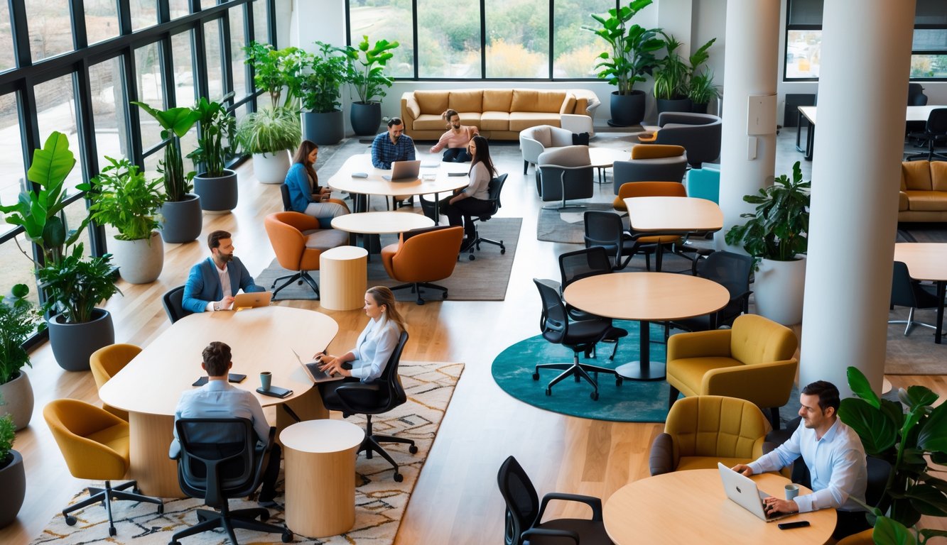 A modern coworking space with comfortable chairs, desks, sofas, plants, and people working and talking.