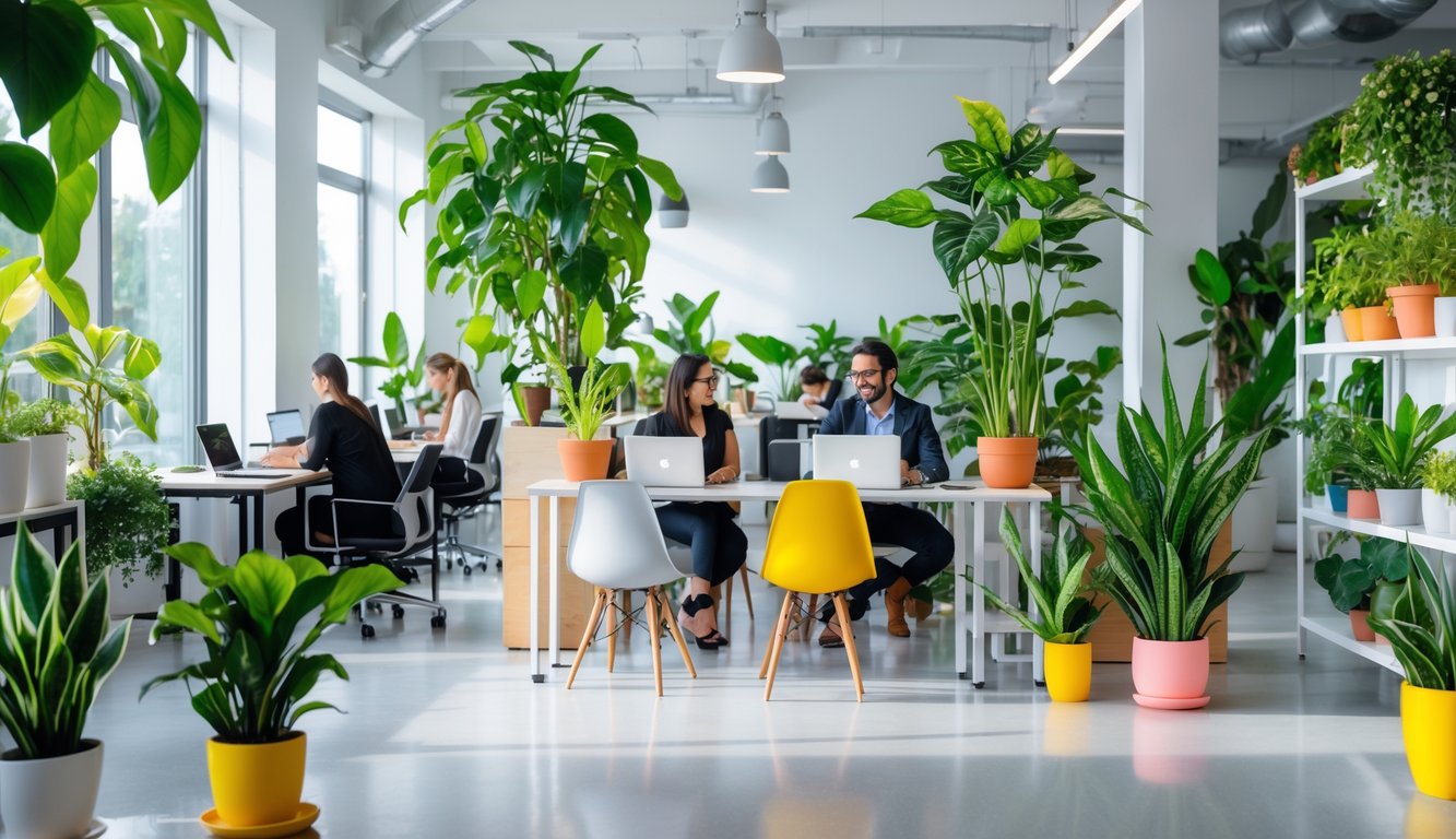 A modern coworking space with people working at desks surrounded by various indoor plants like snake plants, pothos, and fiddle leaf figs.
