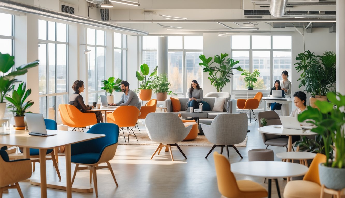 A modern coworking space with people working at desks and tables surrounded by ergonomic chairs and plants.