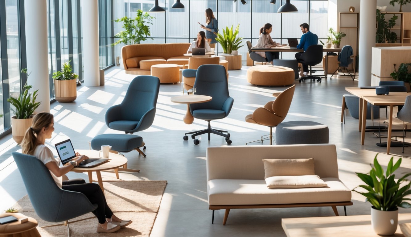A modern coworking space with comfortable chairs, desks, sofas, and people working and collaborating in a bright, well-lit room.
