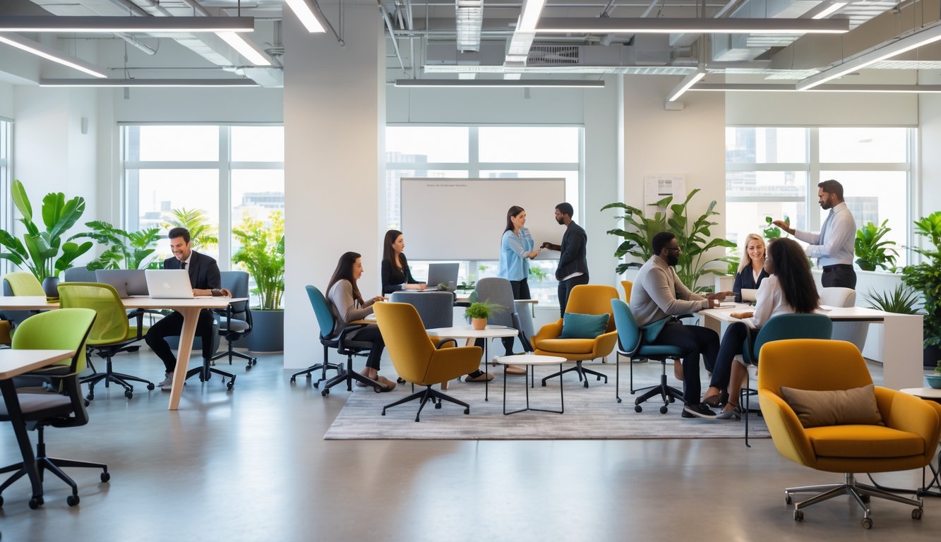 A modern coworking space with people working on laptops and collaborating around tables, surrounded by ergonomic furniture and plants.