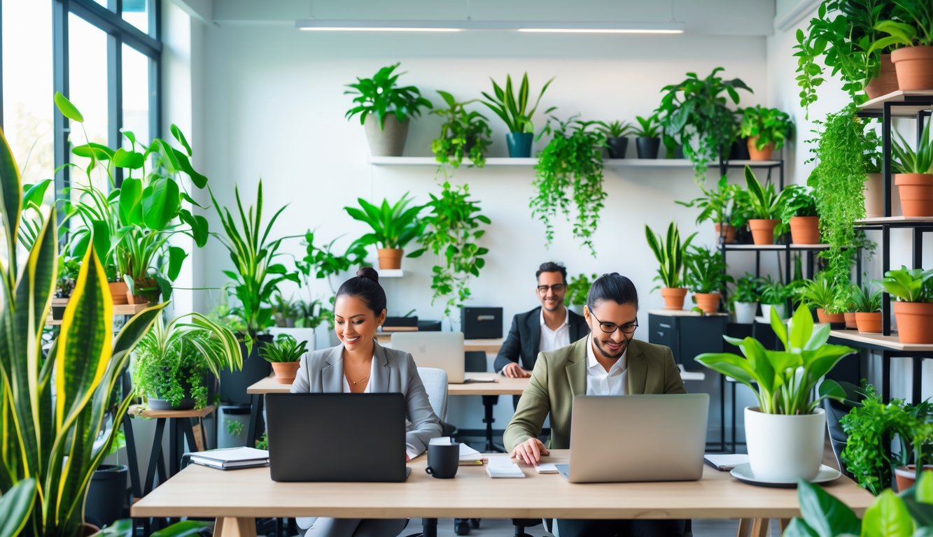 A modern coworking space with people working at desks surrounded by various indoor plants placed near windows and on shelves.