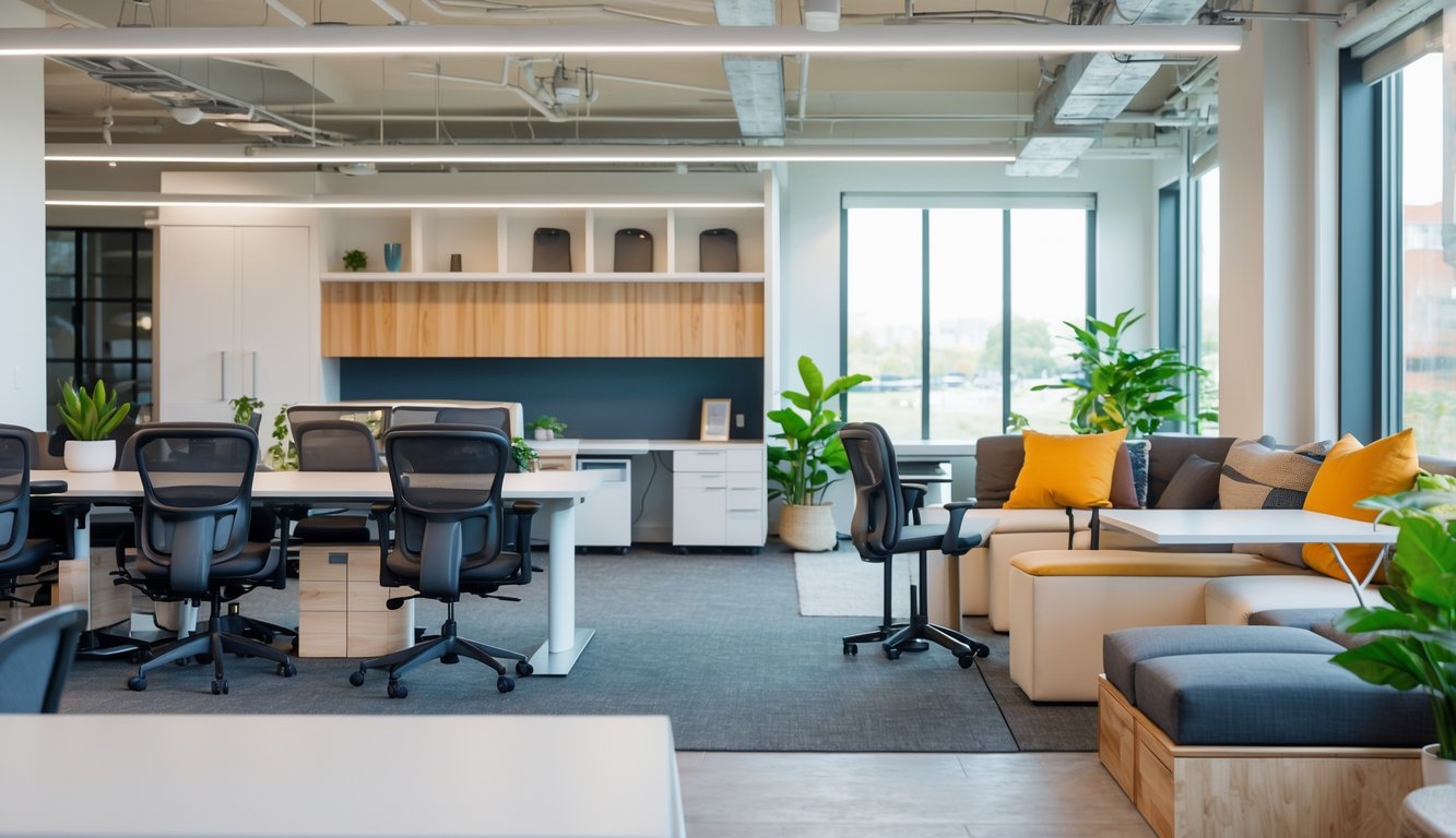 Interior of a coworking space with office chairs, desks, lounge seating, storage units, and plants under natural light.