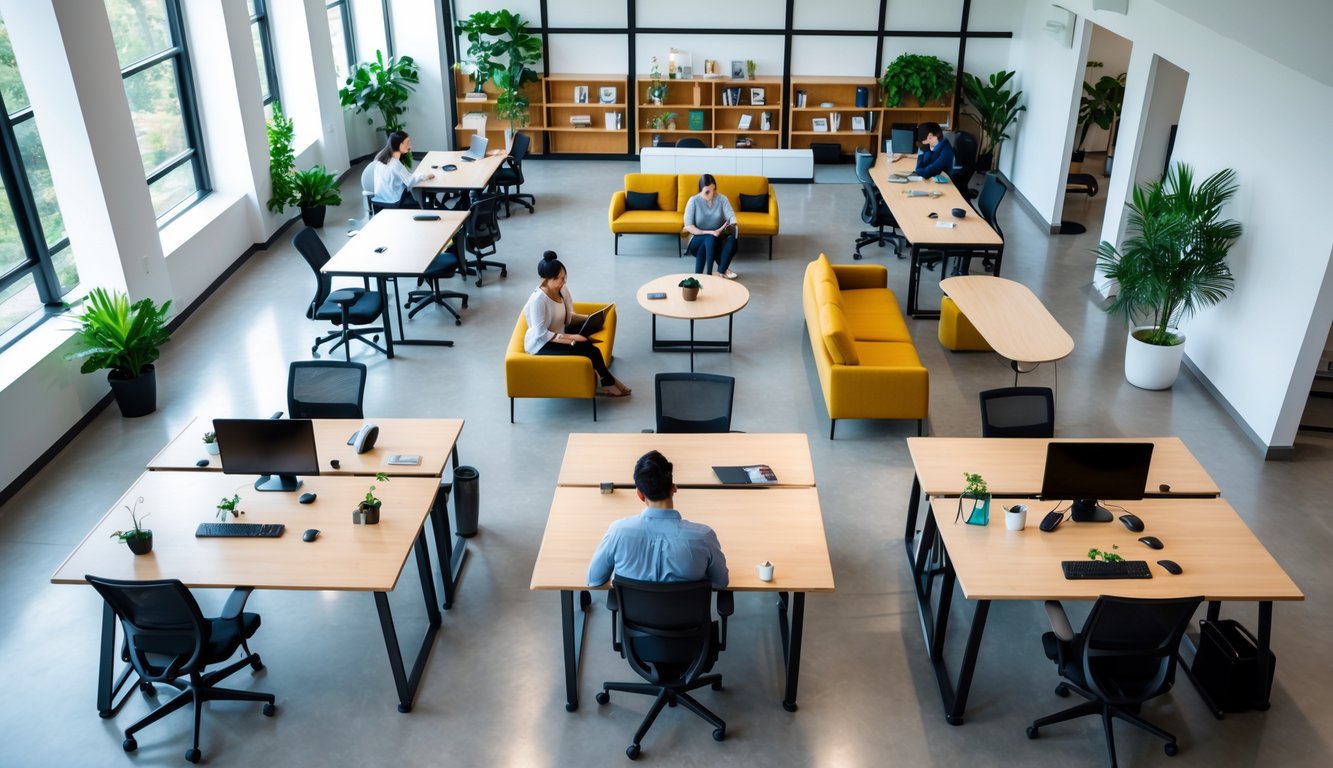 A modern coworking space with various furniture including office chairs, desks, lounge seating, and people working individually and in groups.