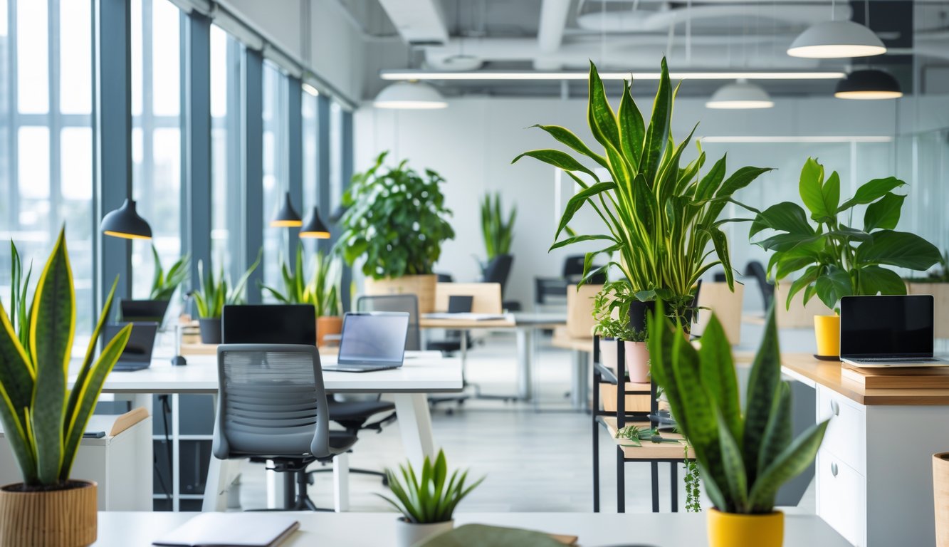 An open coworking office space with desks, laptops, and various green plants placed around the room.