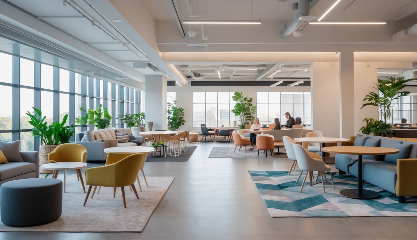 A bright coworking space with desks, chairs, sofas, and plants arranged for comfort and efficient use of space.