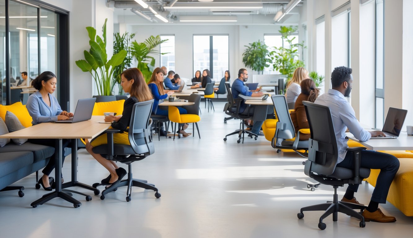 A modern coworking space with people working comfortably at adjustable desks and ergonomic chairs, with natural light and plants.