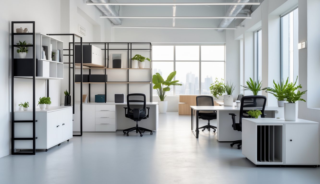 A modern coworking space with organized storage furniture, desks, chairs, and plants in a bright room.