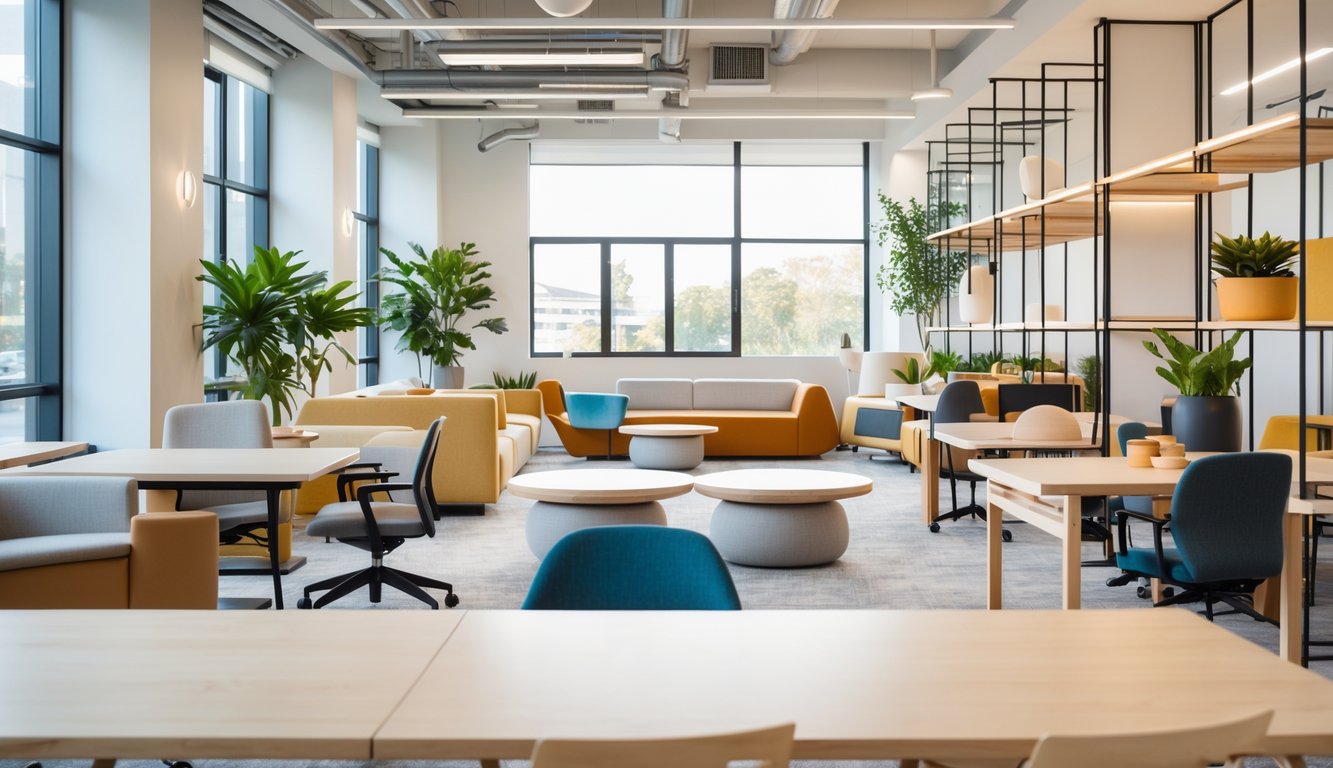 A modern coworking space with desks, chairs, couches, shelves, and plants arranged in a bright, open room.